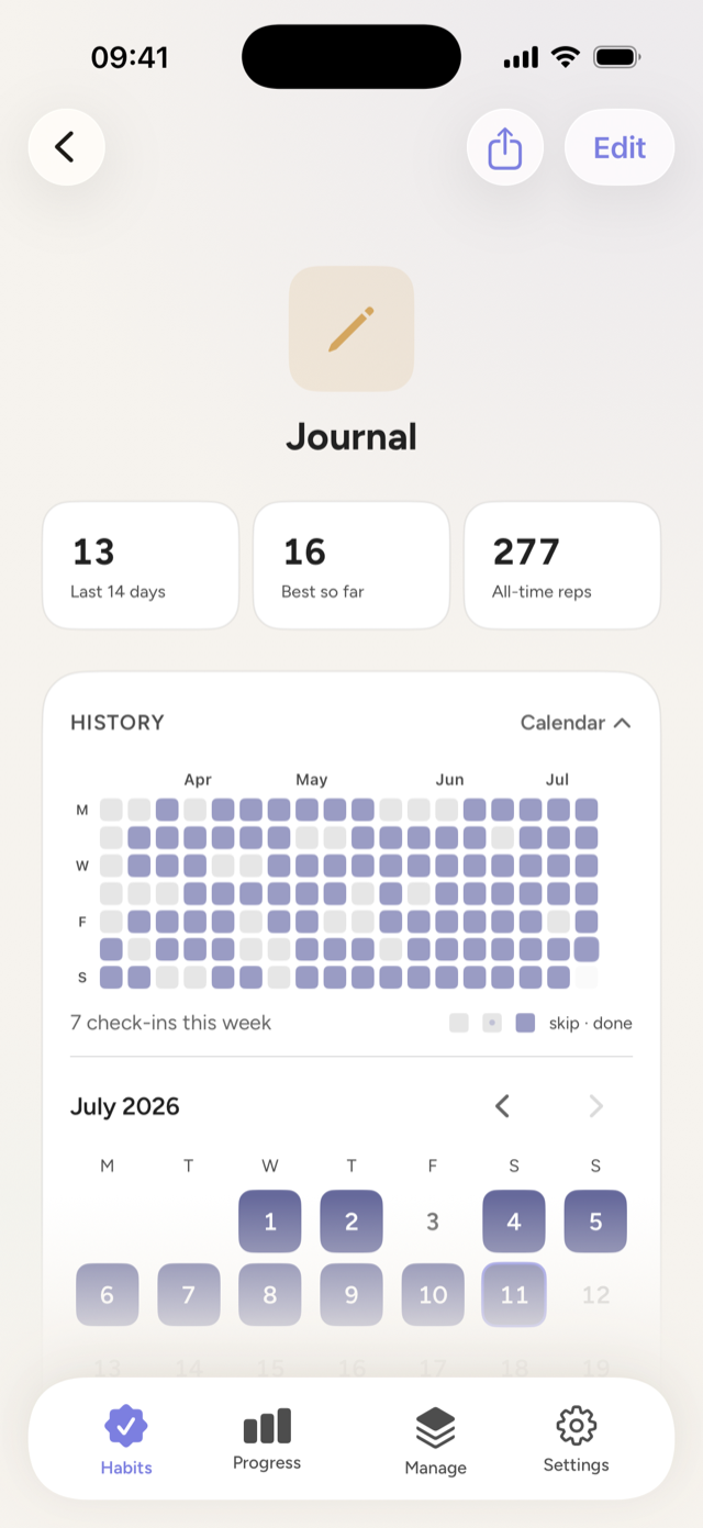 History zoomed into a month calendar — tap any day to fill it in