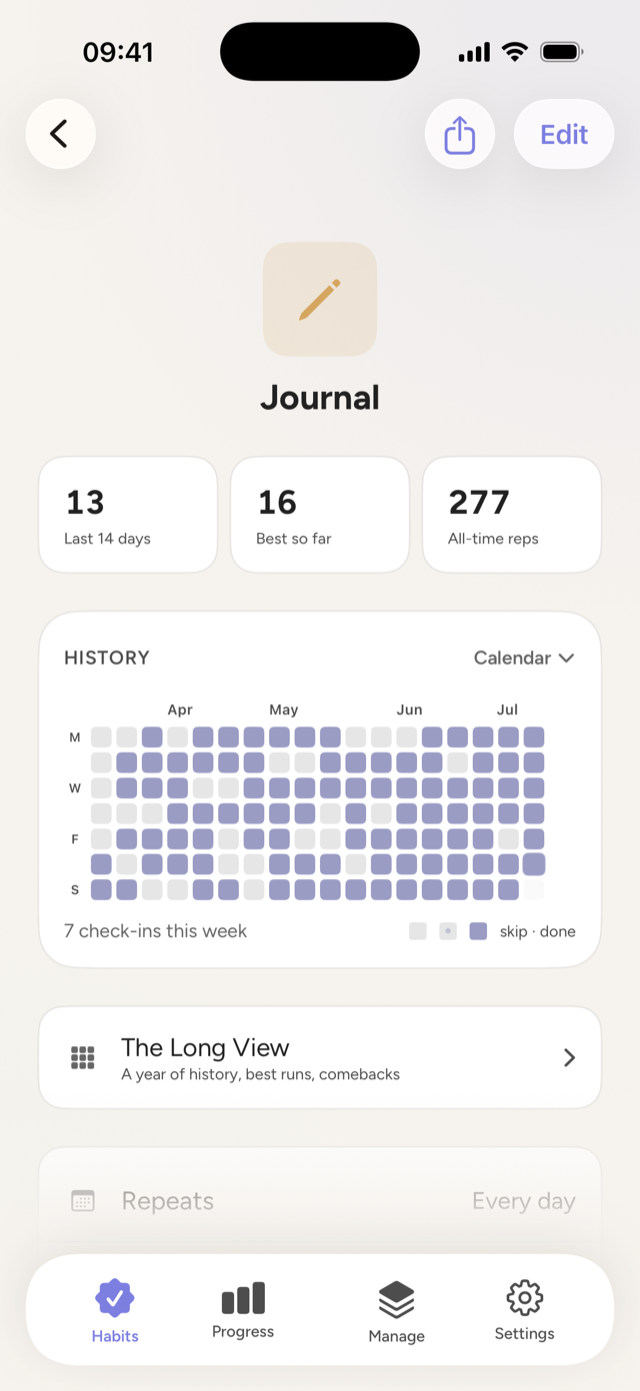 A habit's detail — history heatmap, gentle stats, and The Long View