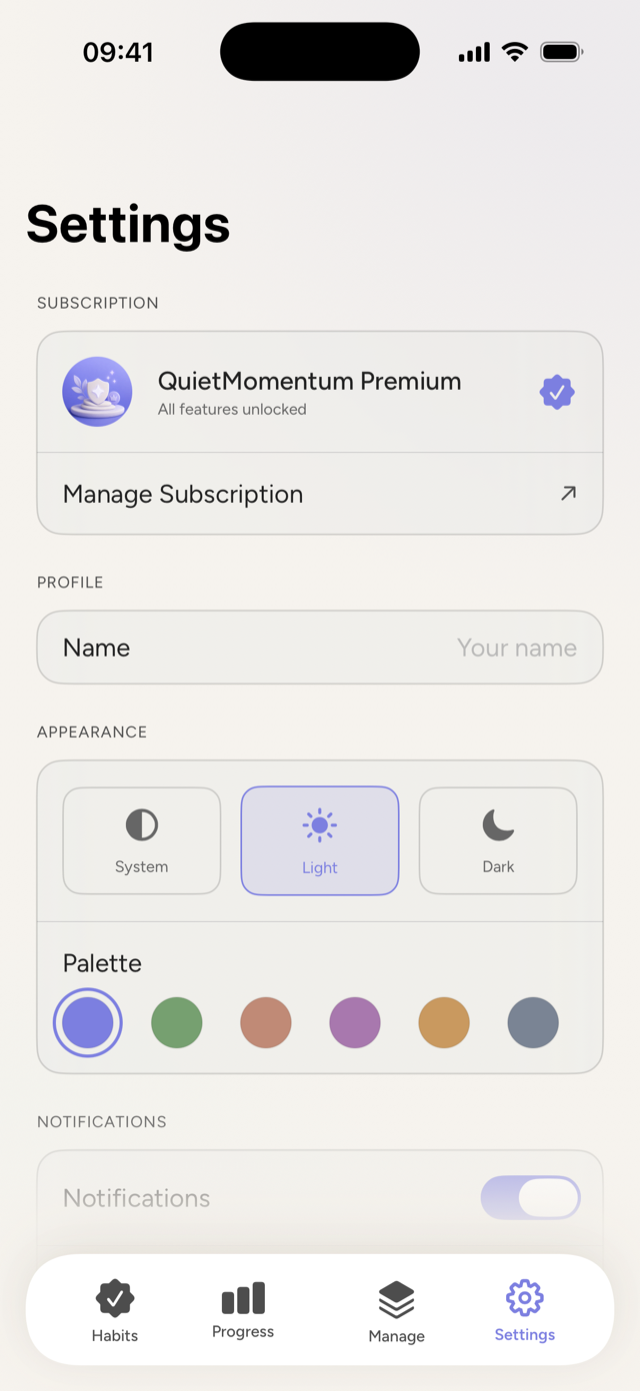 Settings with Quiet Palettes