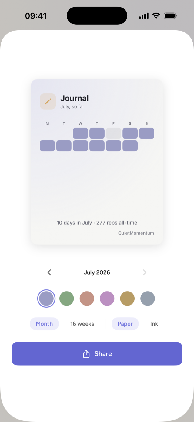 A shareable card of one month — your colors, no grades